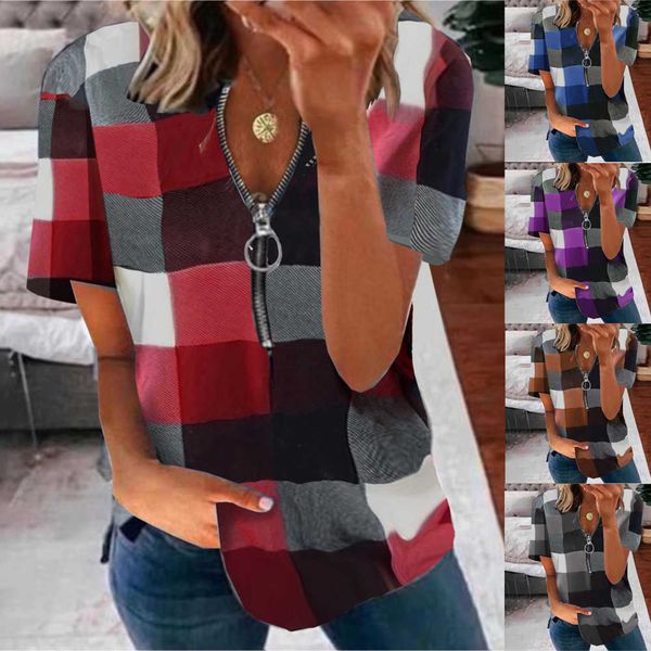 

2023 temu summer new women's zipper checker print short sleeve t-shirt top, White