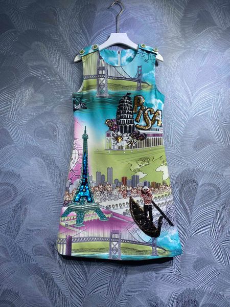 

2023 spring new dress tank eiffel tower print, Black;gray