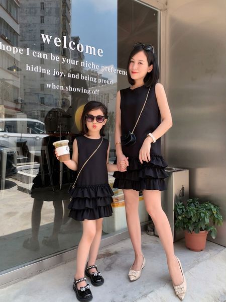 

family matching outfits summer thin lace mother daughter dress cake black color mommy and me dresses sleeveless mom and daughter matching be, Blue