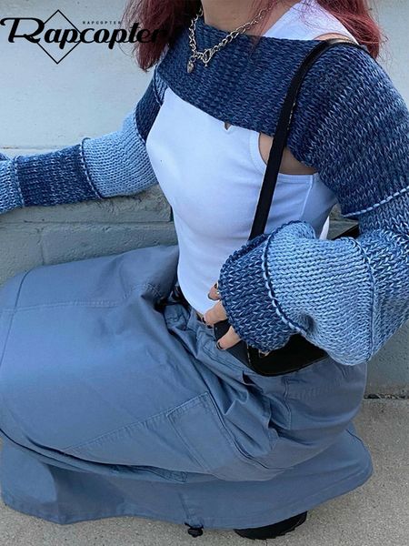 

women's t-shirt rapcopter y2k patchwork knitted smock super short full sleeve jumpers women cute retro crochet t shirt streetwear aesth, White