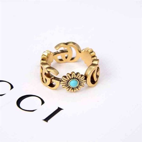 

ring ancient letter daisy turquoise ring female light luxury fashion ring couple ring, Silver