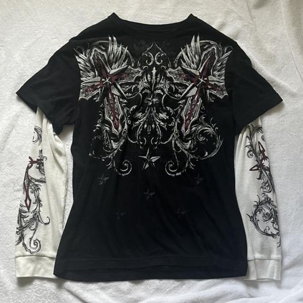 

women's t-shirt vintage graphic print patchwork long sleeve tees harajuku fake two-piece t-shirts korean gothic grunge loose streetwea, White