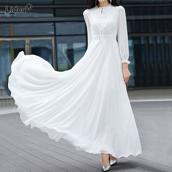 

casual dresses elegant casual o-neck long sleeve white slender dresses spring autumn fashion belt empire chiffon solid color women's cl, Black;gray