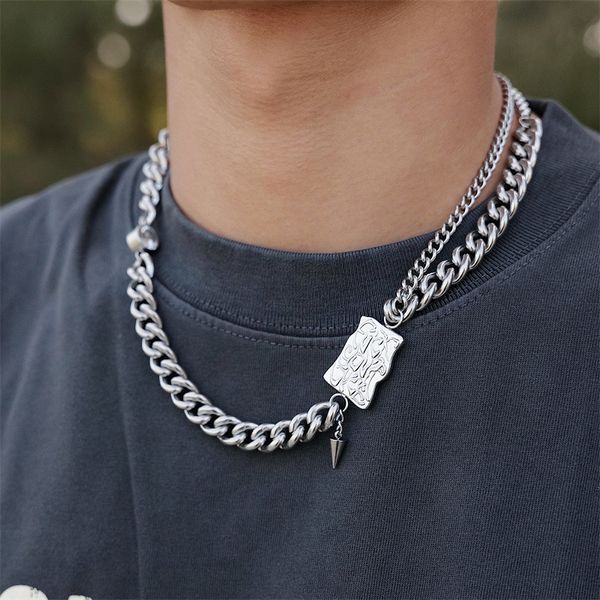 

japan/south korea liquid irregular square cuban necklace men's splice zircon thick collar chain niche hip-hop fashion accessorie, Silver