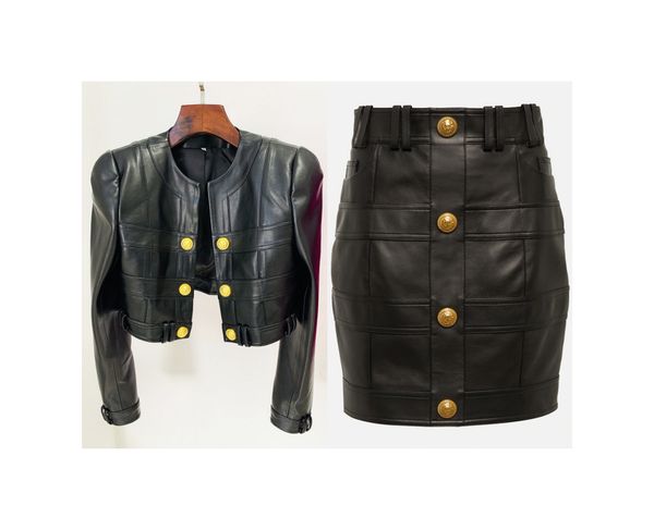 

high-quality star with the same two piece dress lion buttons black pu blazer and hip pu skirt, White