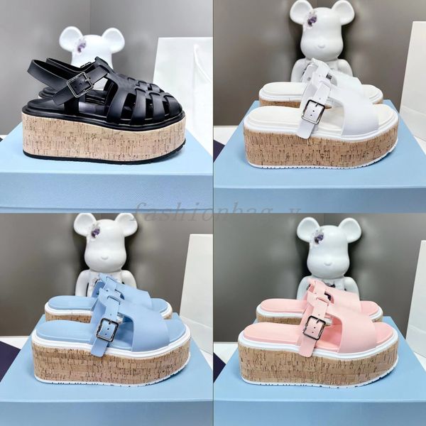 

designer slippers rubber wedge heel thick sole sandals women shoes waterproof platform elevated sandal metal buckle slipper, Black