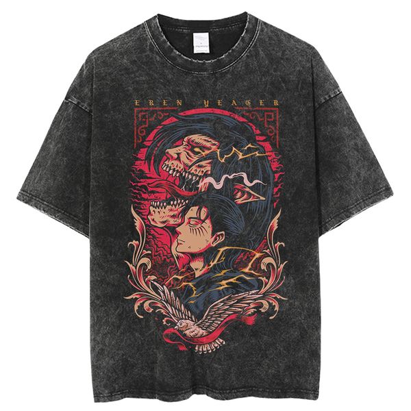 

mens tshirts vintage washed tshirts attack on titan anime t shirt harajuku oversize tee cotton fashion streetwear 230316, White;black
