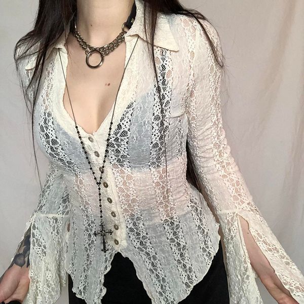 

women's t-shirt retro fairycore grunge lace crop chic women button up flare sleeve tees y2k aesthetic 90s vintage transparent t-shirt 2, White