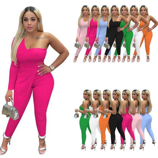 

designer womens two piece pants set fashion one sleeve simple pencil pants outfits, White