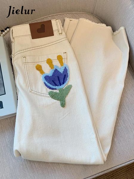 

womens jeans jielur towel embroidered high waist womens jeans chic slim straight women pants female casual apricot jeans sxl 230314, Blue