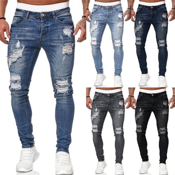 

men's jean fashion street style ripped skinny jeans solid denim trouser casual slim fit pencil denim pants, Blue