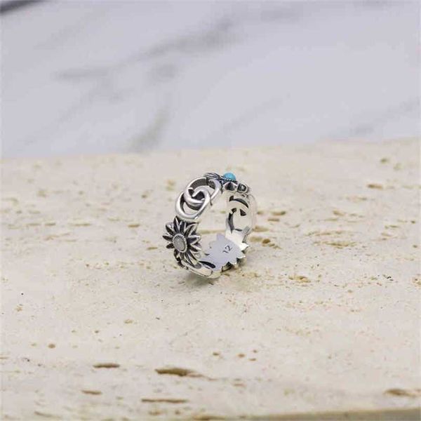 

ring silver hollow out daisy ring girl jewelry inlaid with turquoise