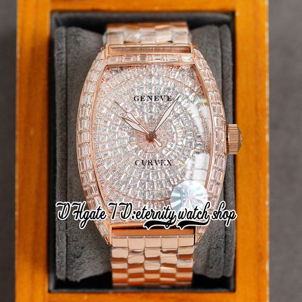 

twf v2 cintree curvex automatic mens watch rose gold paved baguette cut diamonds case iced out diamond dial stainless steel bracelet super e, Slivery;brown