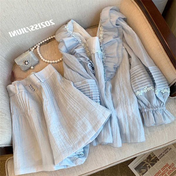 

womens two piece pants blue womens 2 piece sets jacquard fabric lantern sleeve loose shirt and shorts suits summer female outfit 230316, White