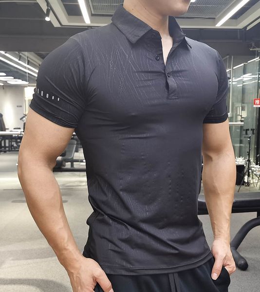 

men's polos running gym men t shirt casual short sleeve slim compression tees elastic t-shirt sports fitness quick dry polo grain t shi, White;black
