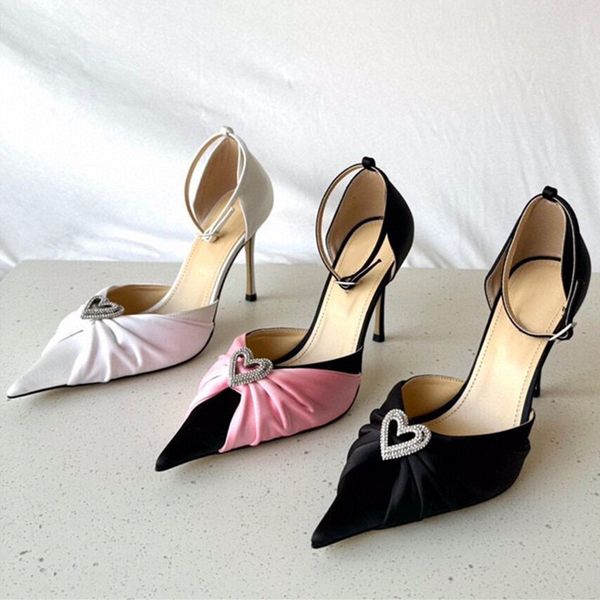 

women's spring and summer satin sandals fashion crystal bow strap closed pointed high heel ankle strap, Black
