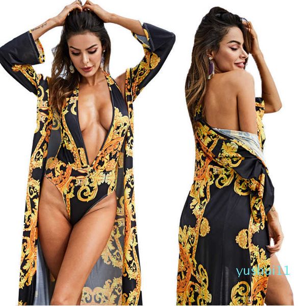 

printing long sleeve cover up women s designer bathing suit two piece set one piece v neck swimsuit swimwear, White;black