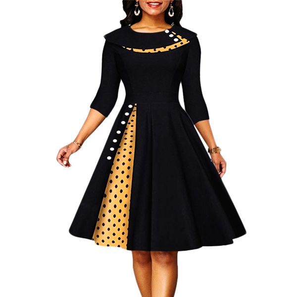 

casual dresses vintage dress for women rockabilly polka dot print patchwork long sleeve high waist swing casual party midi vestidos robe 230, Black;gray