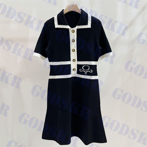 

jacquard knitted dresses button design long skirt for women short sleeve dress lapel shirts, Black;gray