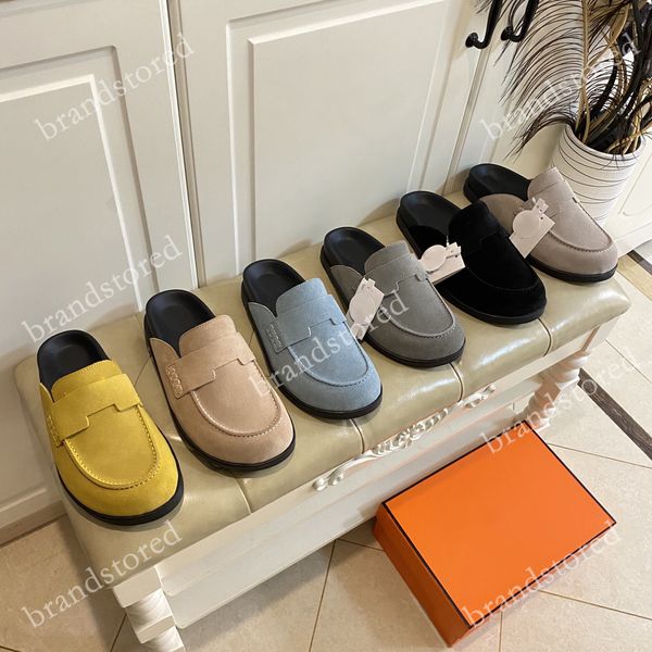 

designer shoes women slippers suede slipper wool mule flat slides fashion leather head half mullers brand sandals lazy sandal, Black