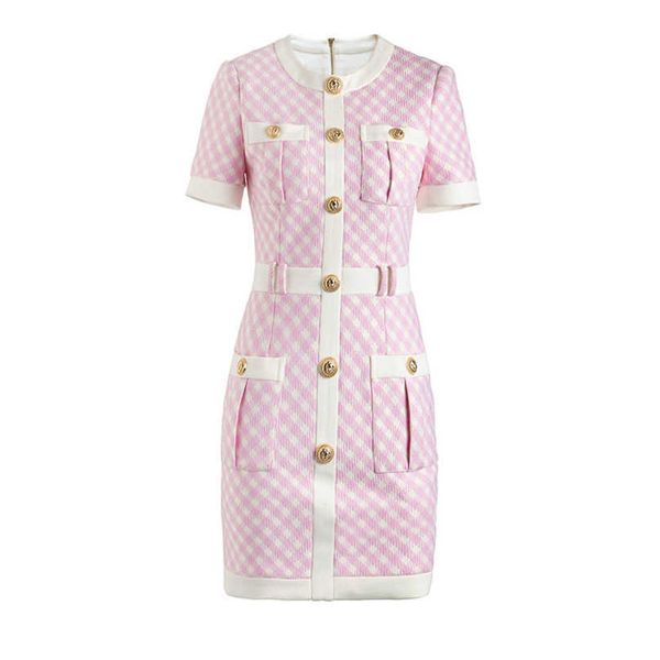 

2023 short-sleeved temperament commuting mid-length skirt pink plaid buttock skirt rivet button decorative heavy industry dress, Black;gray