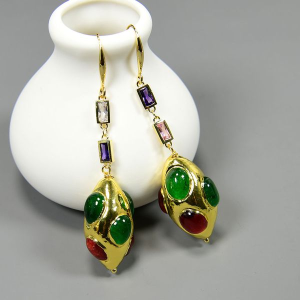 

green red agate yellow gold plated chandelier olivary shape cz chain dangle earrings jewelry gifts for women, Silver