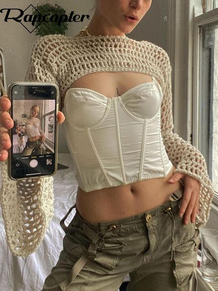 

women's t-shirt rapcopter y2k knitted crop hollow out loose o neck long sleeve smock women retro streetwear fashion tee chic knitwear 2, White