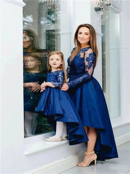 

family matching outfits blue mommy and me fashion dresses birthday hi-lo mother daughter dresses family matching clothing mom baby kid lace