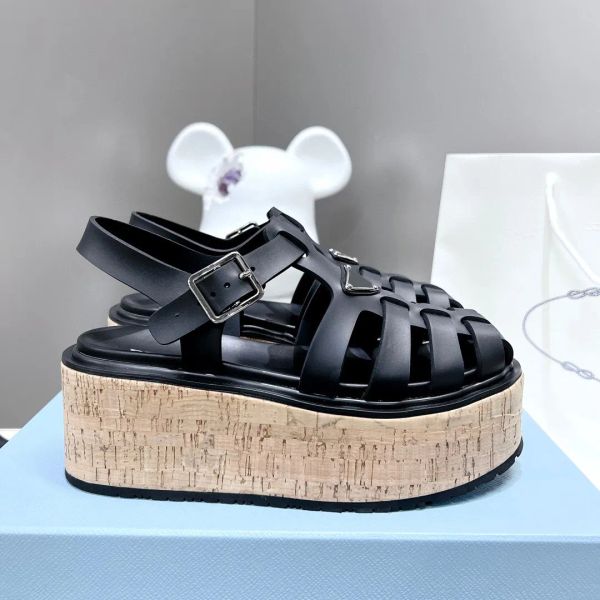 

cork wedges platform gladiator sandals women triangle leather shoes ankle-strap chunky luxe casual flats shoe, Black