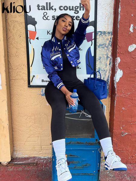 

women's jackets kliou letter embroidery cropped baseball jacket women casual o-neck slim varsity cropped coat ladies classic streetwear, Black;brown