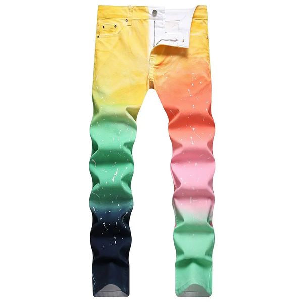 

yellow jeans slim fit pants mens denim fashion color block us size hip hop trousers for male big size 28-42, Blue