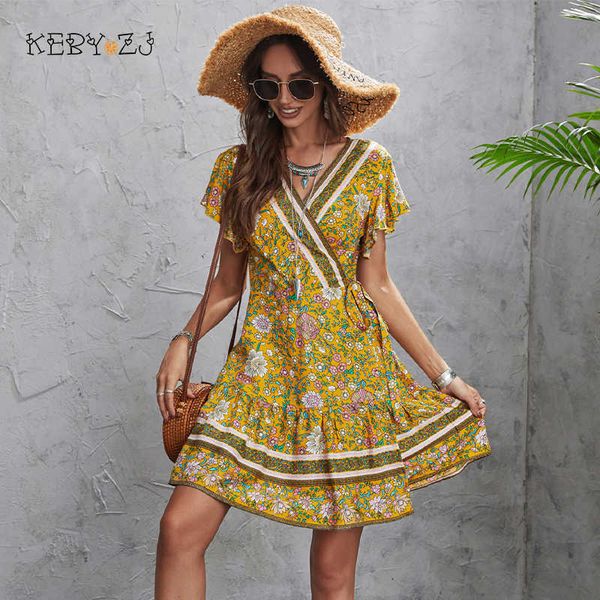 

casual dresses summer women floral print bohemia beach yellow elegant vacation sundress short sleeve chiffon 230316, Black;gray