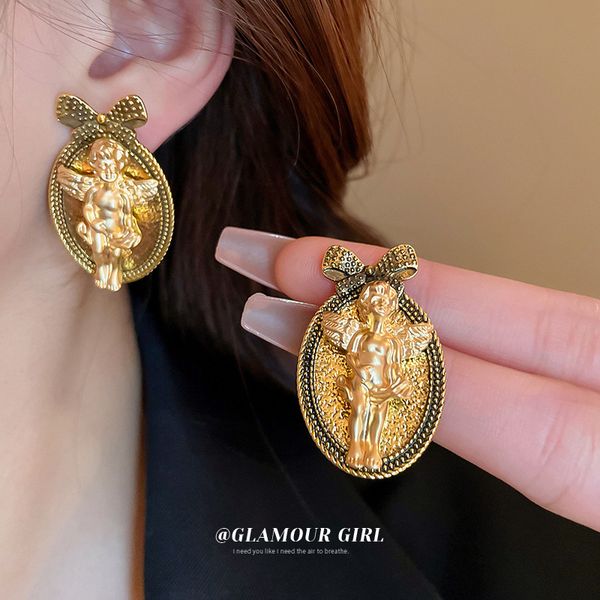 

silver needle medieval bow oval angel stud earrings french retro romantic style earrings new fashion jewelry, Golden;silver