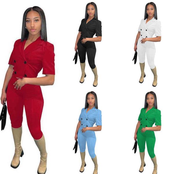 

summer tracksuits for women two piece pants set designer 2023 fashion double breasted short sleeve crop outfits, Gray
