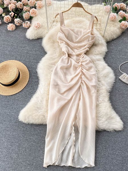 

casual dresses singreiny party club irregular solid dress women zipper summer apricot ladies slim ruched french style long dresses 230316, Black;gray