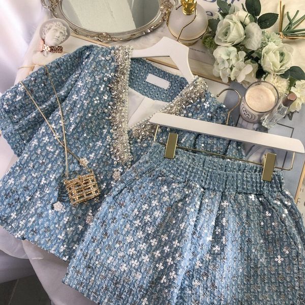 

women's two piece pants v-neck beaded tweed sequins blazers female summer beaded double breasted cardigan woman jacket suits wide legs, White