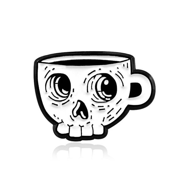 

3d white skull head pattern coffee cup brooches funny enamel lapel pins alloy brooch for women fashion denim jacket shirt badge jewelry gift, Gray