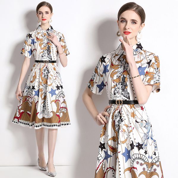 

elegant short sleeve midi belt shirt dress for ladies single button printed cardigan dresses designer runway fashion women casual office clo, Black;gray