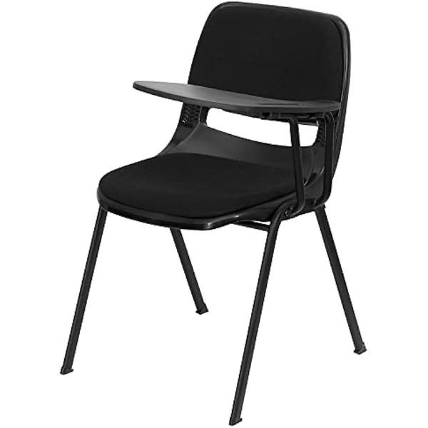 

black padded ergonomic shell chair with left handed flip up tablet arm