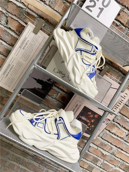 

2023 spring new sponge cake thick bottom sports casual toe layer cowhide middle heel color matching old shoes tide shoes, Red;white