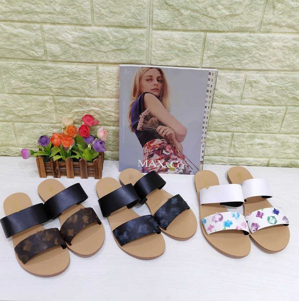 

designer women slides leather sandal bom dia flat mule slipper leather monograms flowers beach sandals rubber soles summer flip flops 36-42, Black