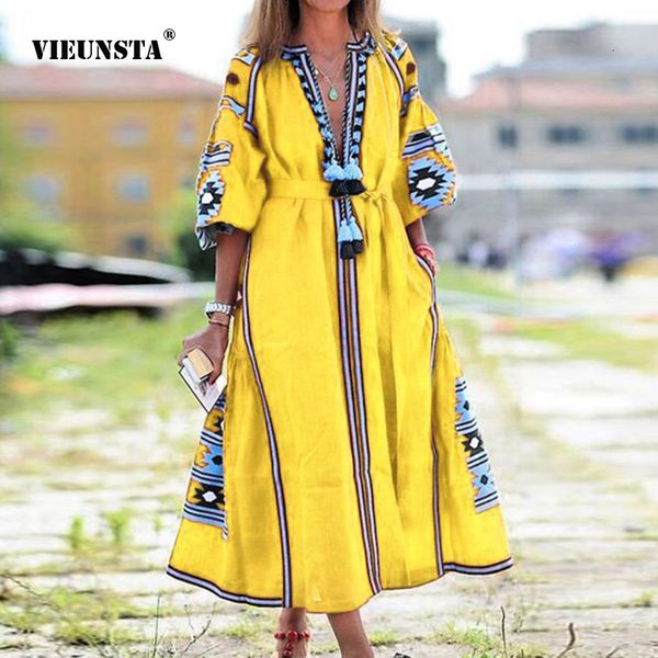 

casual dresses vestido spring summer women's boho dress fashion elegant v-neck retro digital printed tassel puff sleeve mid length dres, Black;gray