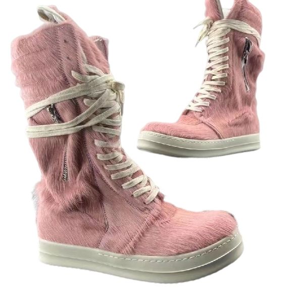 

23ss pink horse fur high boots flat trainer sneakers rock lace up booties, Black