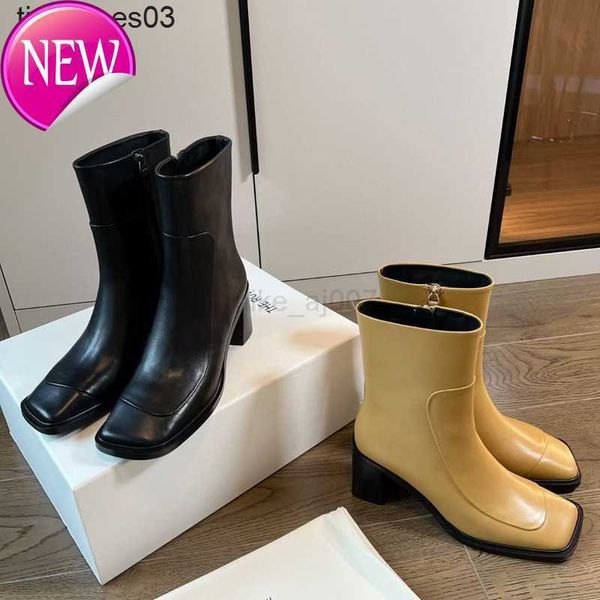 

dress shoes small crowd the row women designers rois leather thick high heel short boots for women french side zipper square head thin new, Black