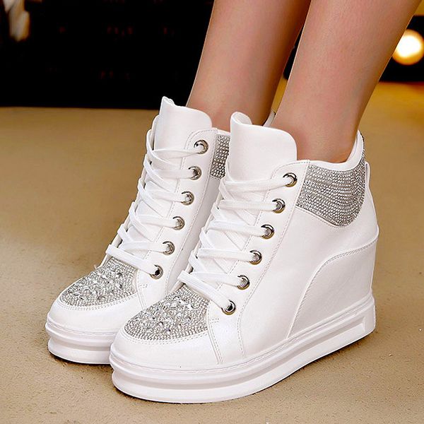 

dress shoes wedge heels shoes for women big size 43 leather casual shoes white black rhinestones high sneakers women vulcanized lace up 2303