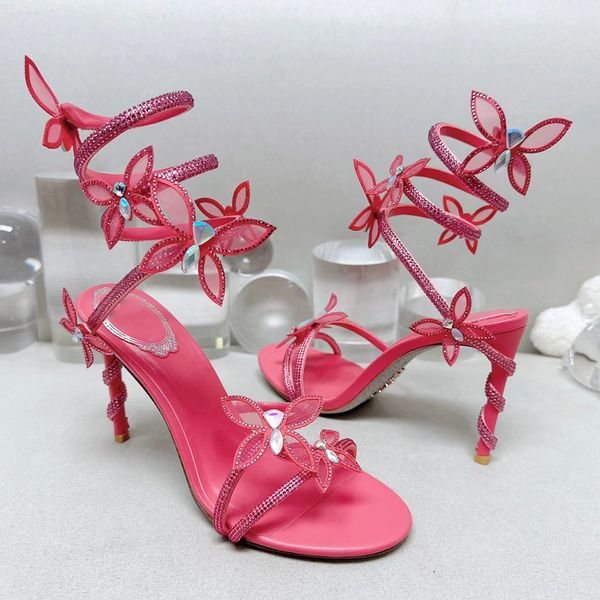 

rene caovilla high heels sandals designer women dress shoes 9.5 cm serpentine wraparound crystal bow fashion party stiletto heel wedding sho, Black