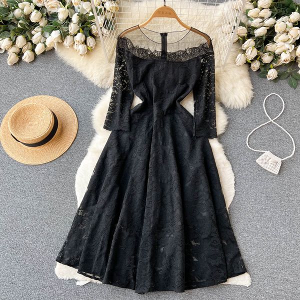 

2023 spring new black french lace dress mesh splicing temperament big swing celebrity dress, Black;gray