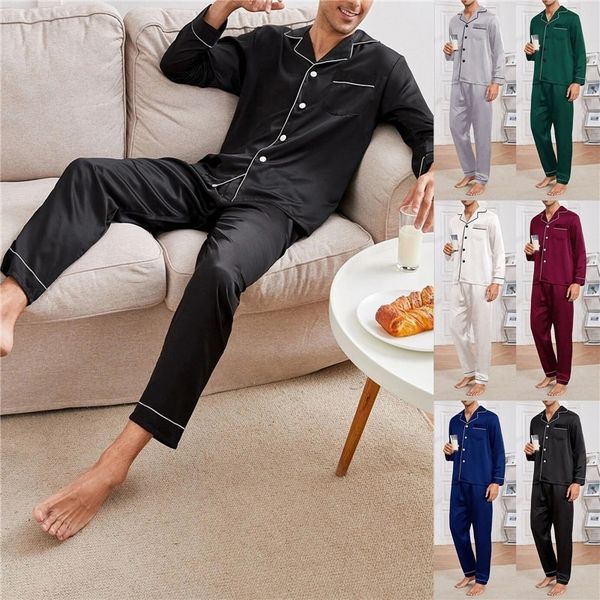 

men's sleepwear men sleepwear silk satin pijama turn-down collar pajama sets long sleeve sleep clothes male 2 pieces sets home suits py, Black;brown