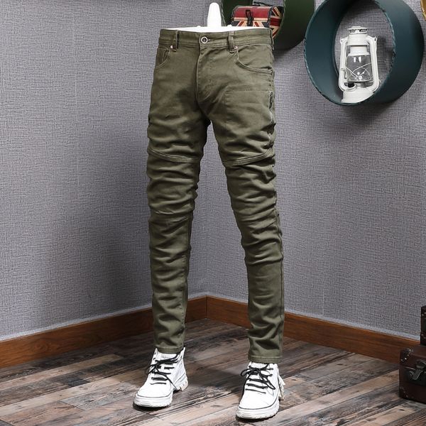 

men's jeans streetwear fashion men jeans army green elastic slim fit spliced designer biker jeans men stretch hip hop denim pencil pant, Blue