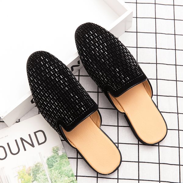 

luxury diamond men slipper mules backless loafers men leather shoes retro flat heel party slippers slip on shoes chaussure homme, Black